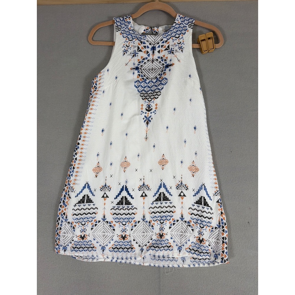 Ecote White Geometric Tribal Print Sleeveless Mini Shift Dress Small Boho Cutout